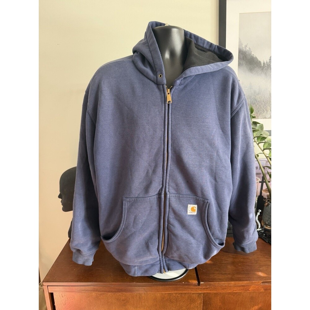 Vintage Y2K Carhartt Hooded Full Zip Lined Jacket J149 Navy Mens Large Distress